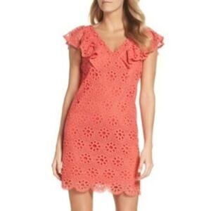 New Size 2 Trina Turk Coral Orance Eyelet Lace Dress With Ruffles